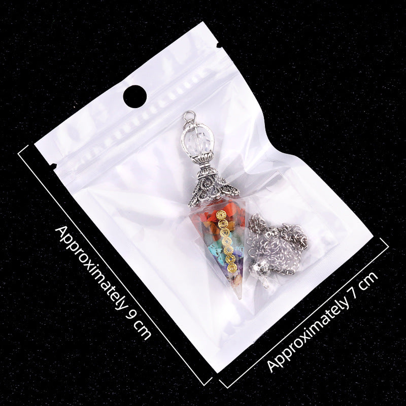 2122-Colorful natural crystal gravel pendulum bronze silver gold resin seven meridian symbol hexagonal pyramid pendulum