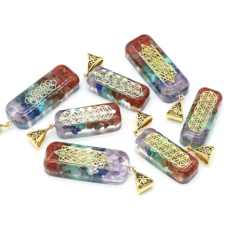 1108-Natural crystal colorful stone resin rectangular pendant Chakra yoga colorful gravel aogen necklace