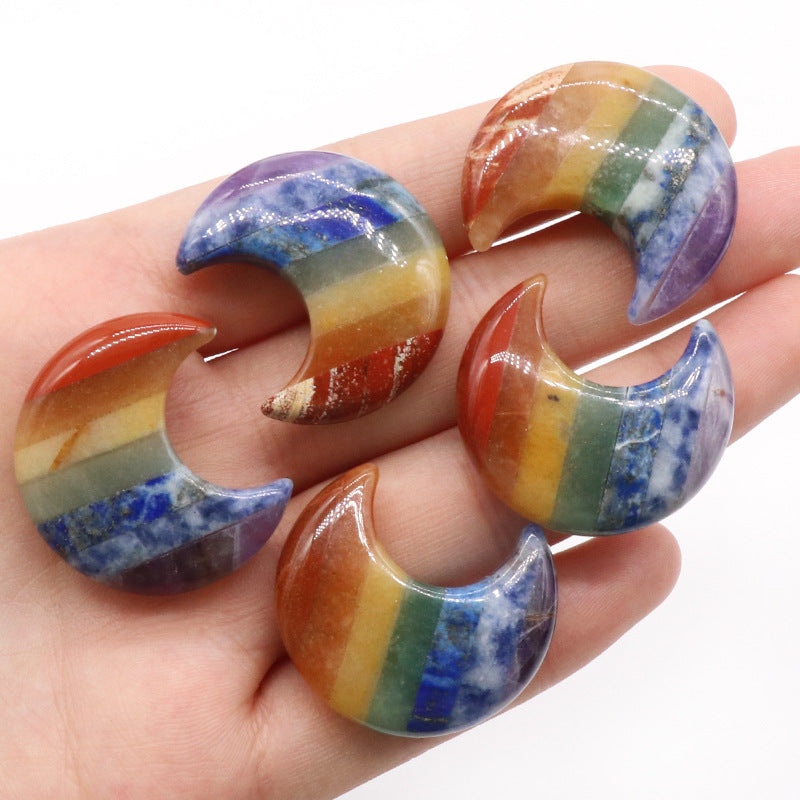 1223-Colorful Stone Moon Natural Crystal Stone Splicing 30mm Moon Chakra Stone Small Ornaments Wholesale