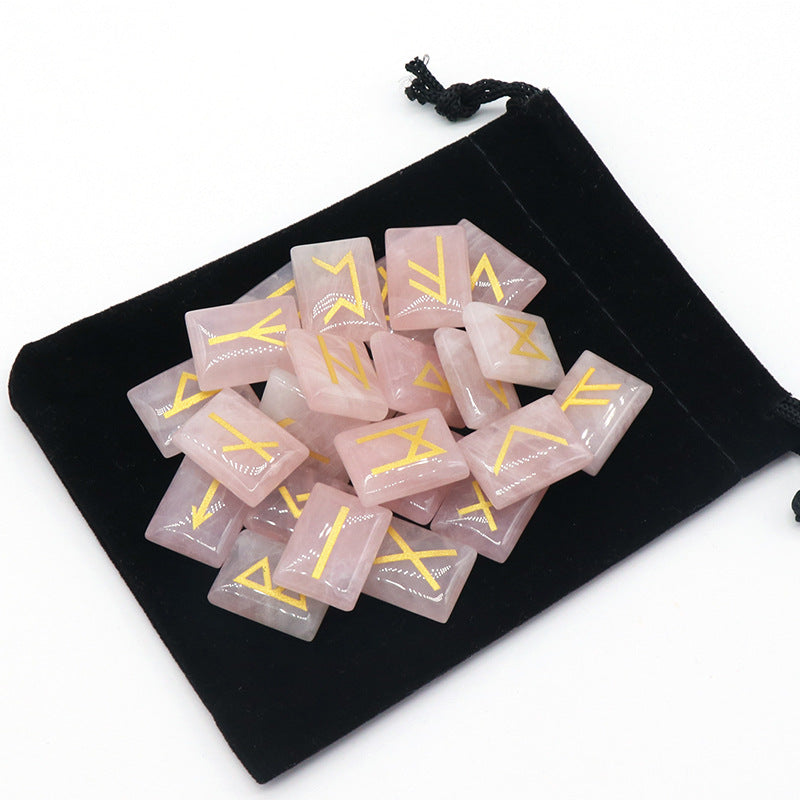 1035-Runes Pink Crystal Rune Letters Red Agate Obsidian Rune Wording Semi-precious Stones 25 Pieces