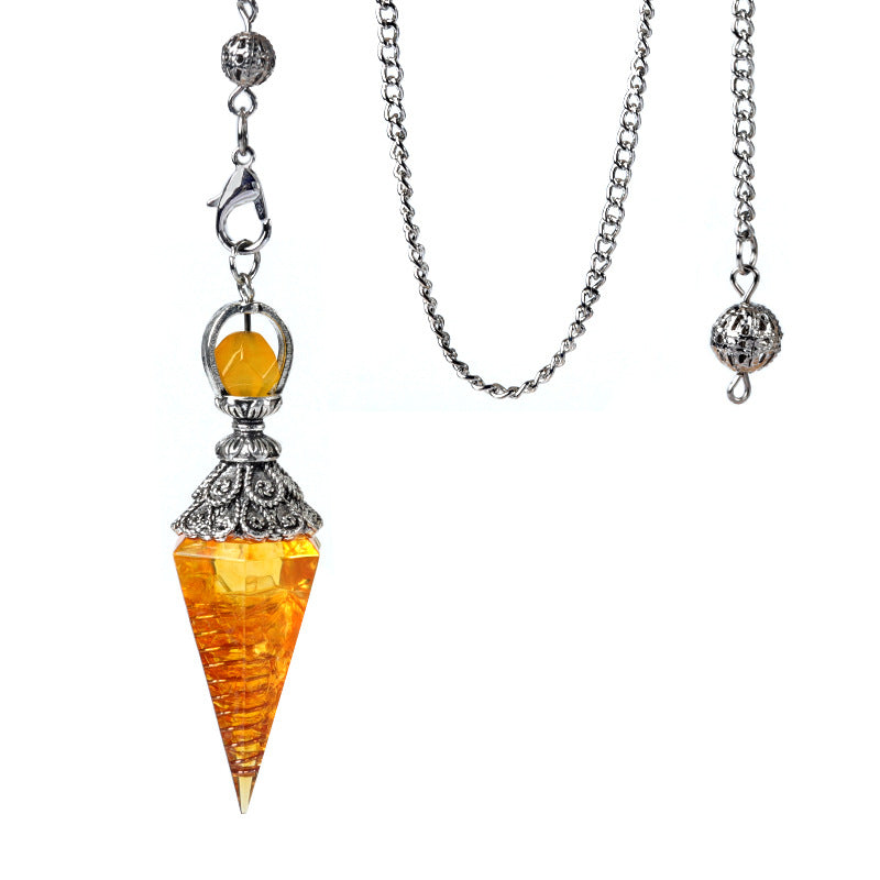 1924-Antique Silver Crystal Semi-precious Stone Colorful Gravel Resin Pendulum Hexagonal Cone Pendant Cross-border Supply