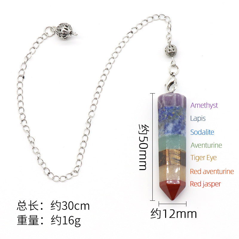 1467 - Pendulum Natural Crystal Rainbow Stone Pendulum, Rainbow Stone Hexagonal Prism with Splicing Craft Pendulum Pendant