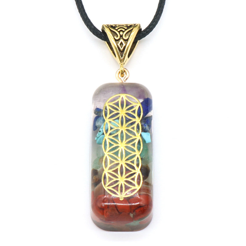 1108-Natural crystal colorful stone resin rectangular pendant Chakra yoga colorful gravel aogen necklace