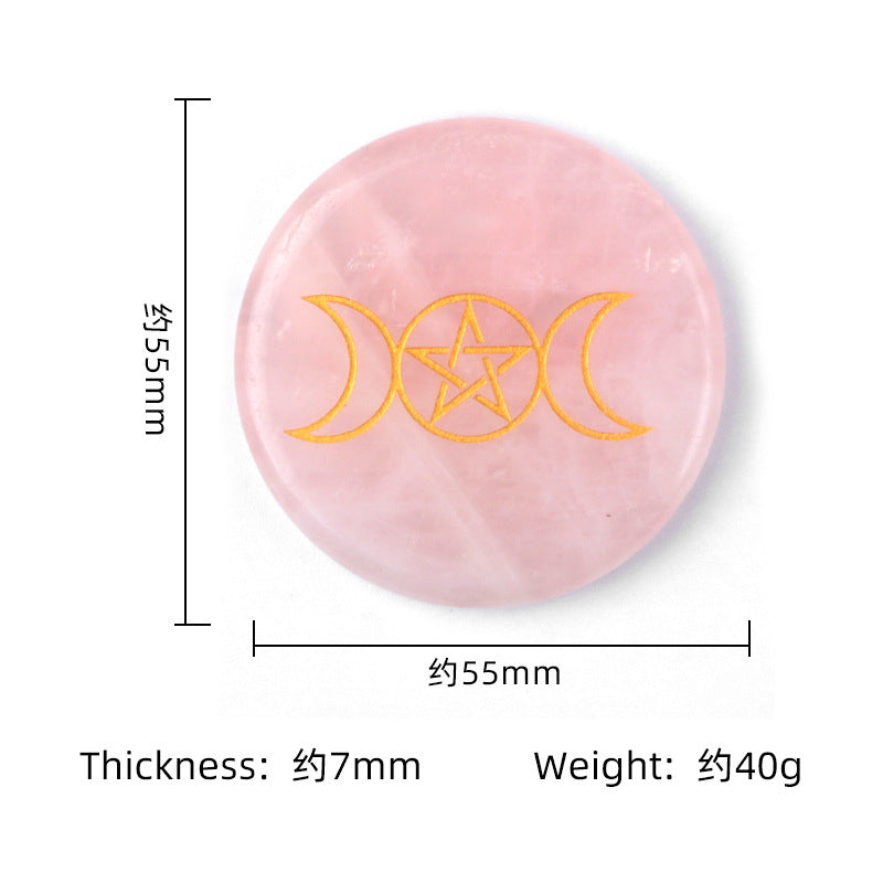 1658-55mm natural pink crystal disc energy stone base carved tree of life star moon stone small ornaments