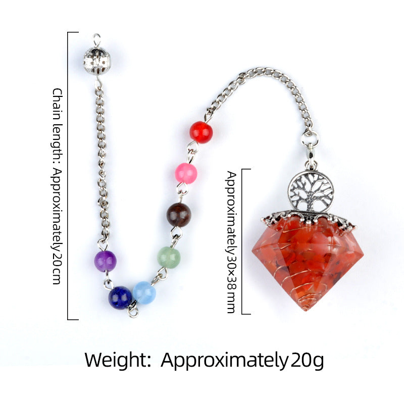 1973 - Natural Crystal Semi-Precious Stone Chip Resin Diamond Pendulum Pendant with Chakra Multicolor Bead Chain Jewelry