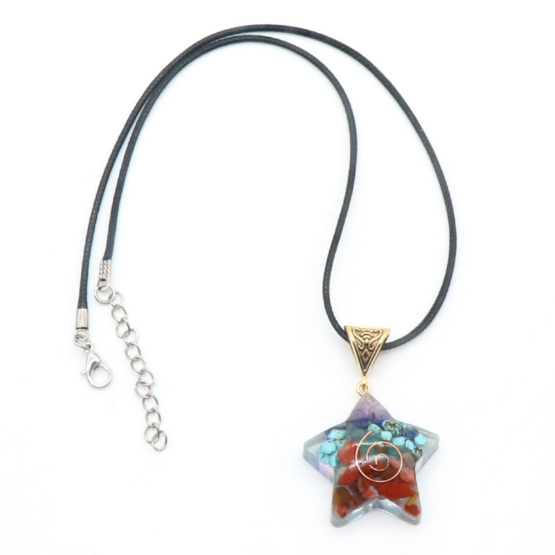 1149-Natural crystal gemstone gravel five-pointed star resin pendant Chakra colorful gravel five-pointed star necklace