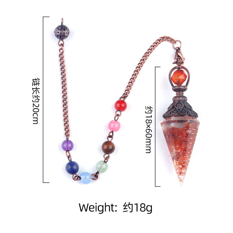 1970 – Natural Semi-precious Stone Chips Resin Hexagonal Prism Pendulum Pendant with Chakra Rainbow Bead Chain Pendant