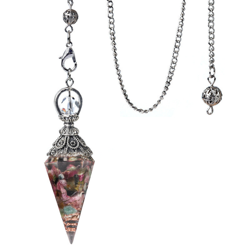 1924-Antique Silver Crystal Semi-precious Stone Colorful Gravel Resin Pendulum Hexagonal Cone Pendant Cross-border Supply