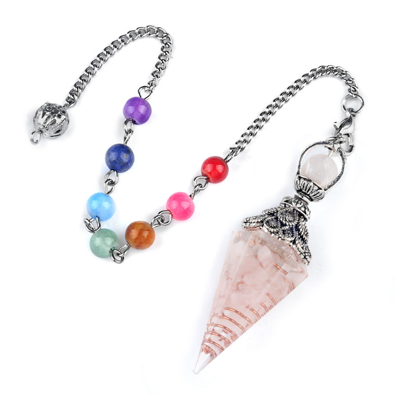 1971 - Natural Semi-Precious Stone Chip Resin Hexagonal Prism Pendulum Pendant Chakra Rainbow Bead Chain Pendant