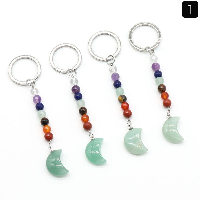 1486-Natural crystal colorful stone moon keychain bag pendant ornaments chakra keychain wholesale