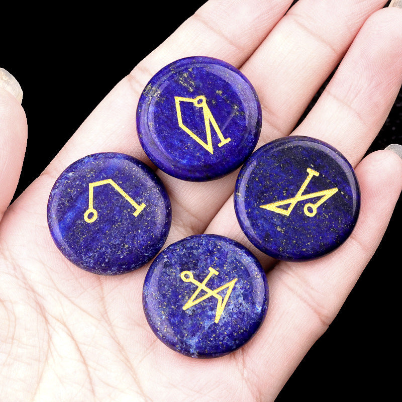 2081-Natural crystal agate stone 25mm round engraved four angel symbols southeast northwest star palace elements