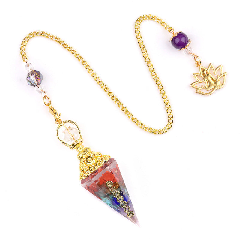 2122-Colorful natural crystal gravel pendulum bronze silver gold resin seven meridian symbol hexagonal pyramid pendulum