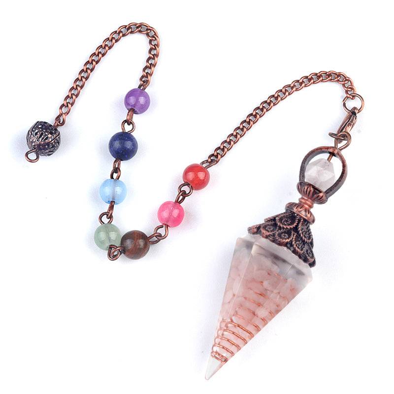 1970 – Natural Semi-precious Stone Chips Resin Hexagonal Prism Pendulum Pendant with Chakra Rainbow Bead Chain Pendant