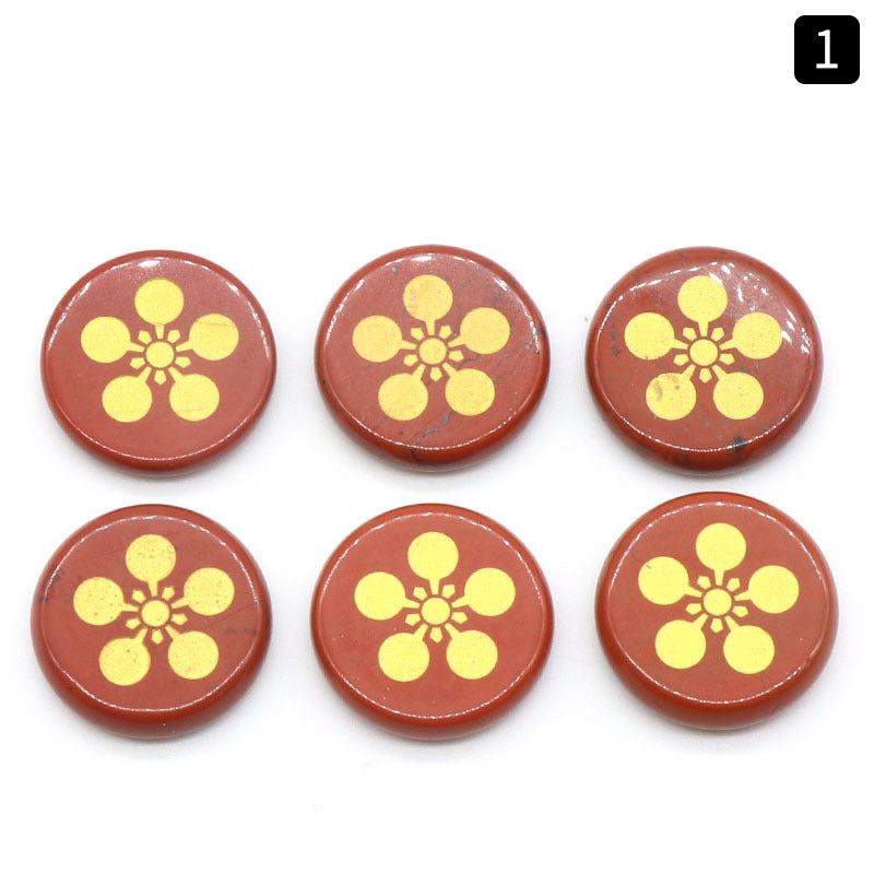 1136- Engraved round disc five-petal flower model Natural crystal agate stone 25mm round laser engraved symbol flower