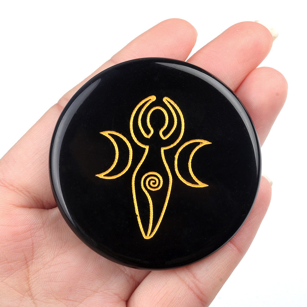 1771-Obsidian 55mm round flat carved tree of life star moon stone energy pad DIY craft ornaments