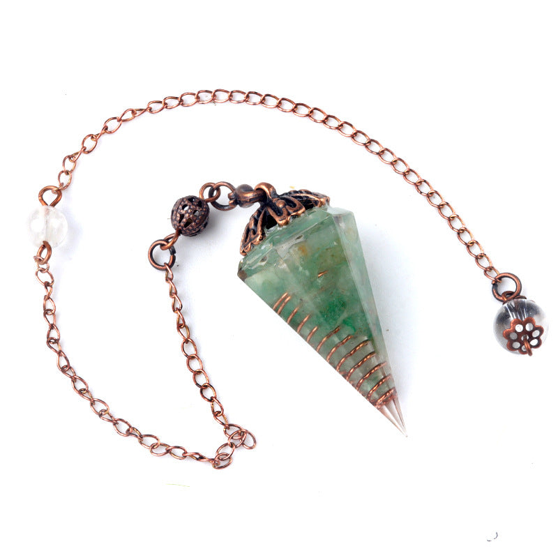 1697 - Rainbow Crystal Pendulum with Antique Copper Flower Base, Natural Stone Resin Spring Hexagonal Prism Pendulum