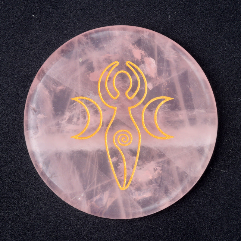 1658-55mm natural pink crystal disc energy stone base carved tree of life star moon stone small ornaments