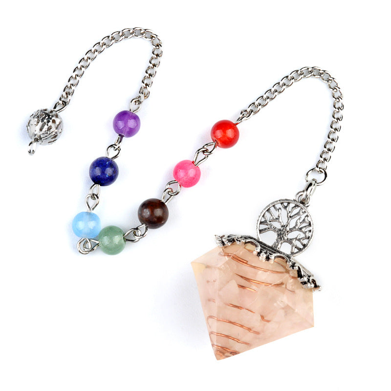 1973 - Natural Crystal Semi-Precious Stone Chip Resin Diamond Pendulum Pendant with Chakra Multicolor Bead Chain Jewelry