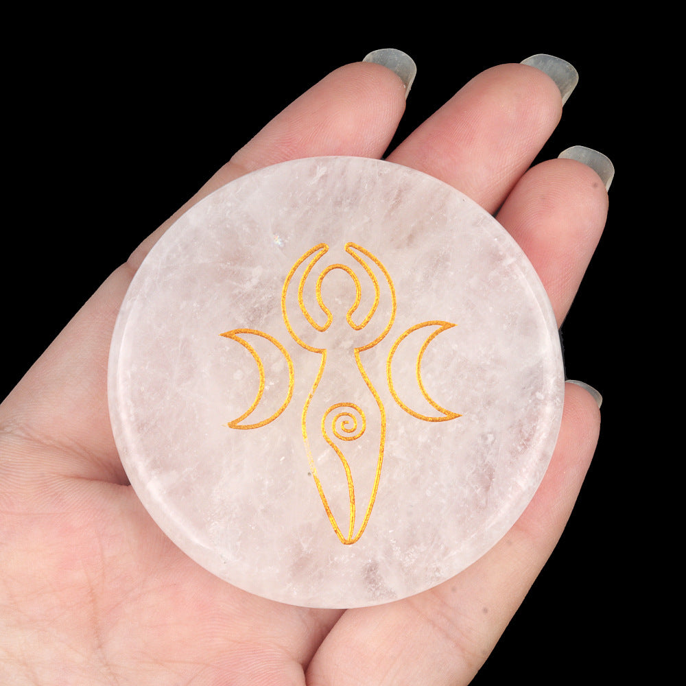 1921-White crystal 55mm round flat carved tree of life star moon stone energy pad DIY craft ornaments