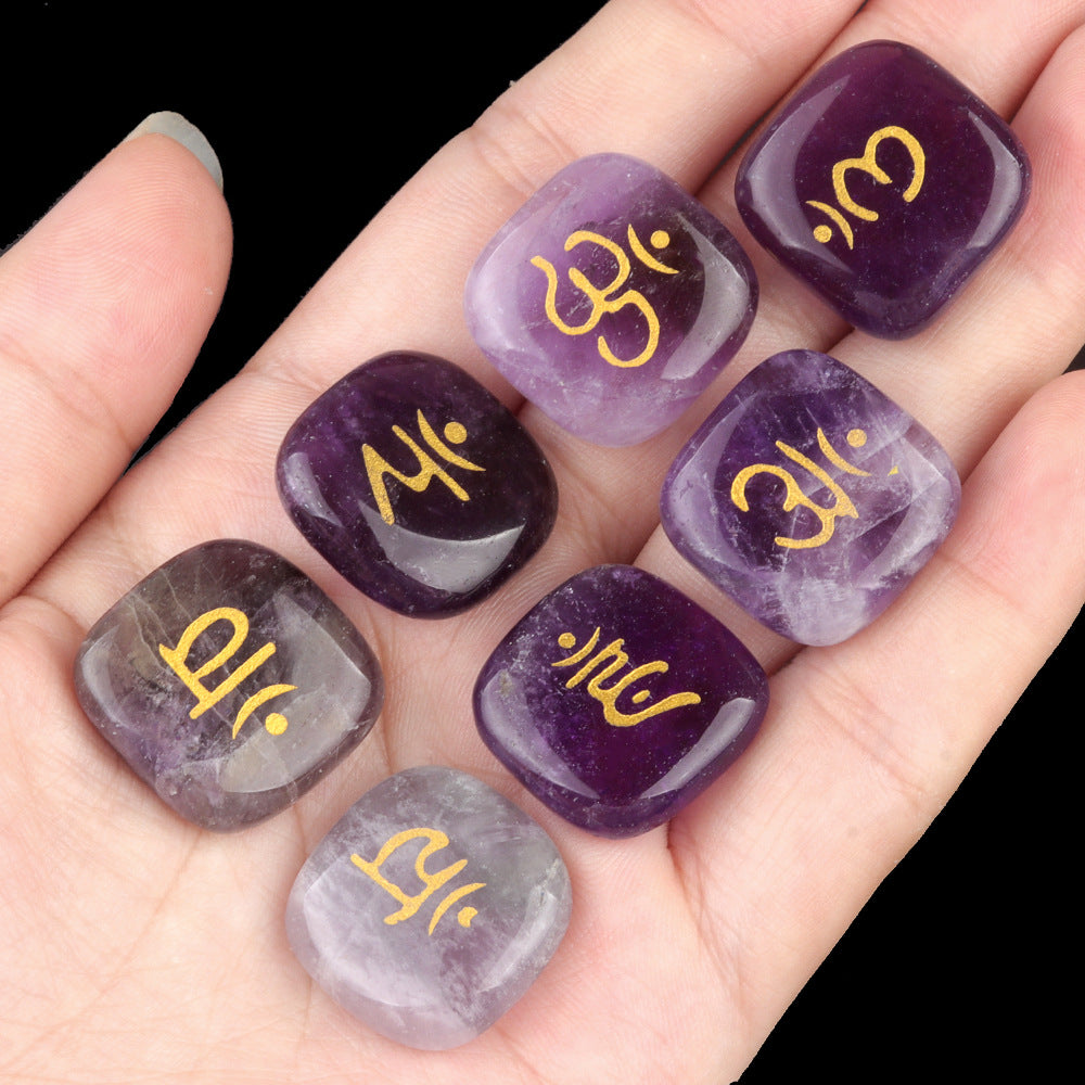 1933-Amethyst Chakra Symbol Semi-precious Stone Yoga Palm Ornament Irregular Square Seven Engraved