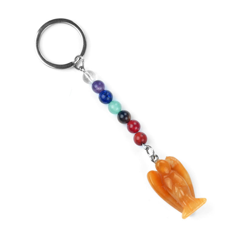 1715-Chakra Angel Keychain Natural Semi-precious Stone Carved Angel Keychain Guardian Angel Pendant