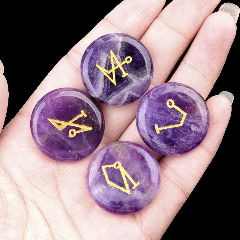 2081-Natural crystal agate stone 25mm round engraved four angel symbols southeast northwest star palace elements