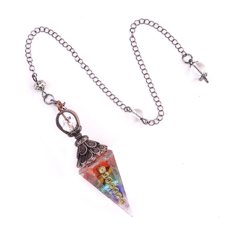 2122-Colorful natural crystal gravel pendulum bronze silver gold resin seven meridian symbol hexagonal pyramid pendulum