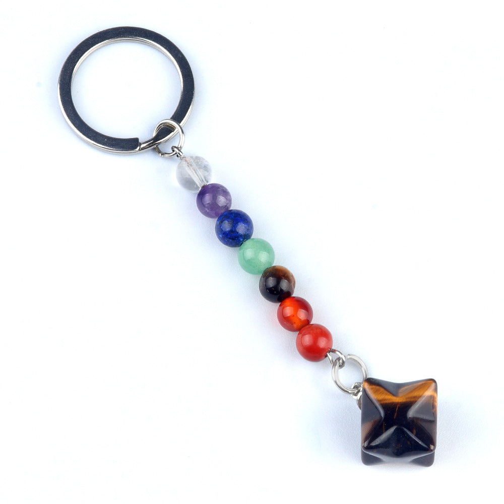 1937-Natural crystal agate colorful stone Kaba star keychain Merkaba star three-dimensional six-pointed star pendant