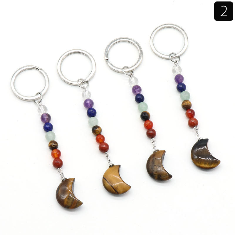 1486-Natural crystal colorful stone moon keychain bag pendant ornaments chakra keychain wholesale