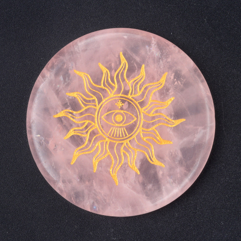 1658-55mm natural pink crystal disc energy stone base carved tree of life star moon stone small ornaments