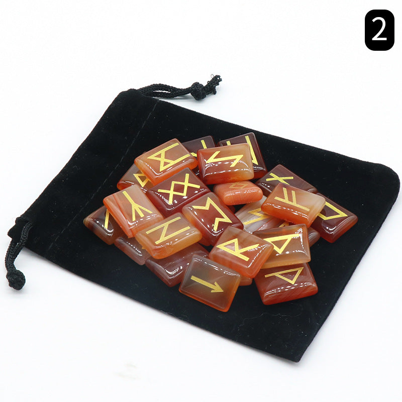 1035-Runes Pink Crystal Rune Letters Red Agate Obsidian Rune Wording Semi-precious Stones 25 Pieces