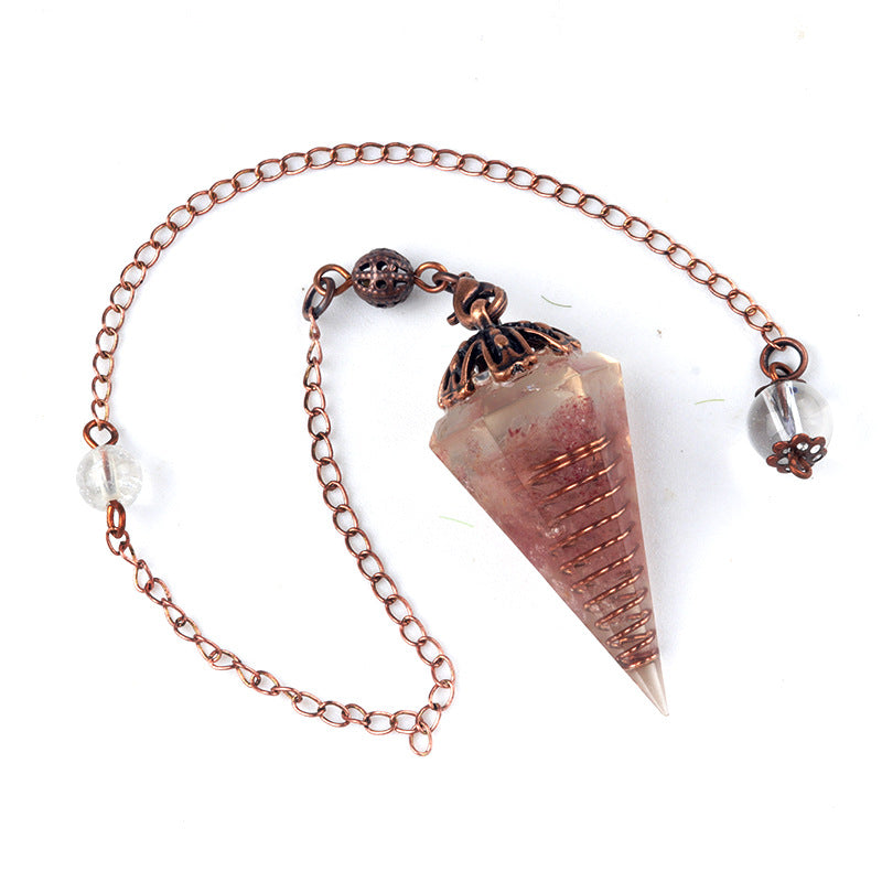 1697 - Rainbow Crystal Pendulum with Antique Copper Flower Base, Natural Stone Resin Spring Hexagonal Prism Pendulum