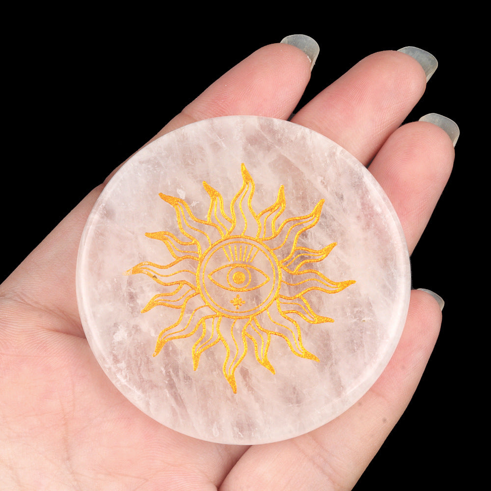 1921-White crystal 55mm round flat carved tree of life star moon stone energy pad DIY craft ornaments