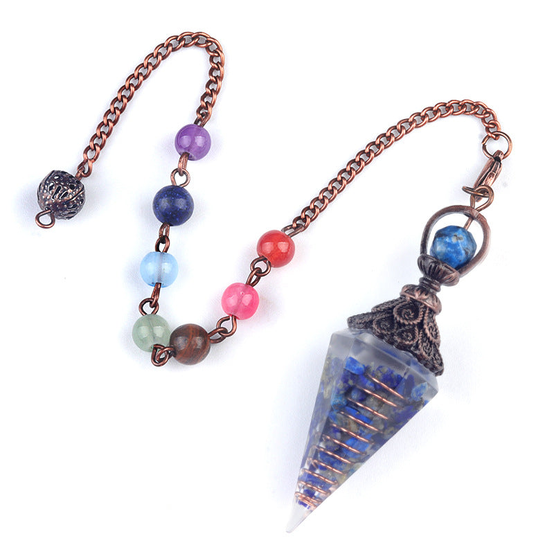 1970 – Natural Semi-precious Stone Chips Resin Hexagonal Prism Pendulum Pendant with Chakra Rainbow Bead Chain Pendant