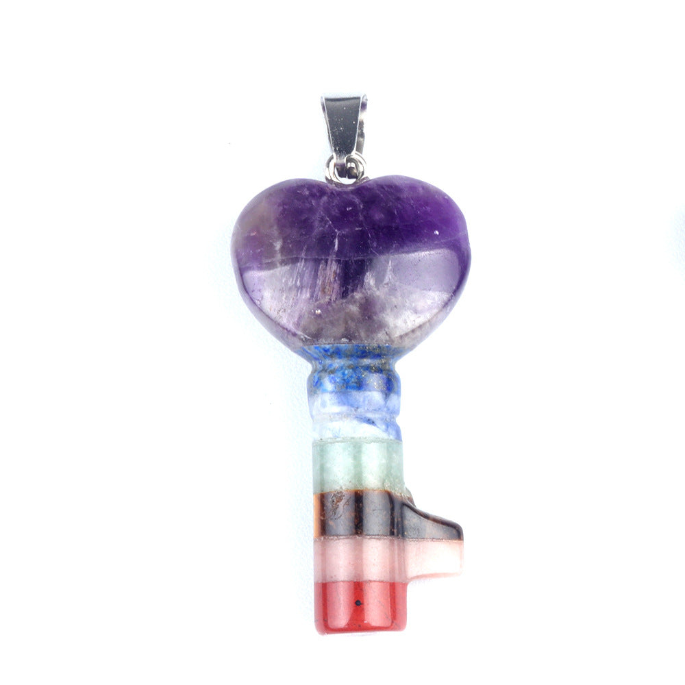 1499-Natural crystal colorful stone love key shape Chakra heart shaped lock key cross-border supply wholesale