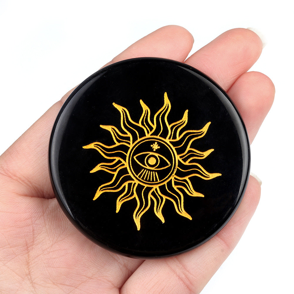 1771-Obsidian 55mm round flat carved tree of life star moon stone energy pad DIY craft ornaments