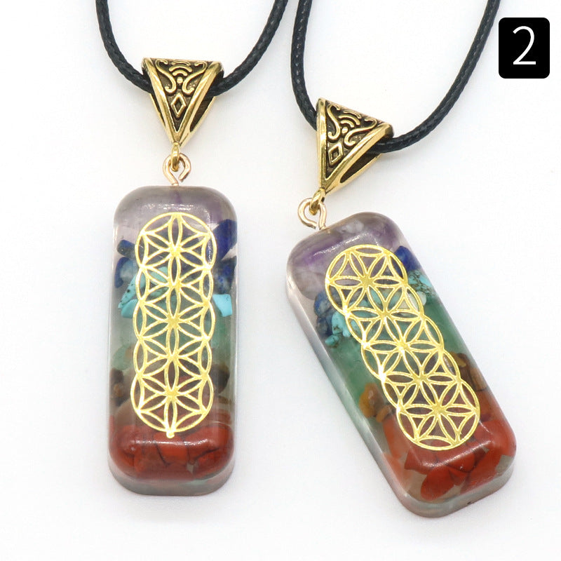 1108-Natural crystal colorful stone resin rectangular pendant Chakra yoga colorful gravel aogen necklace