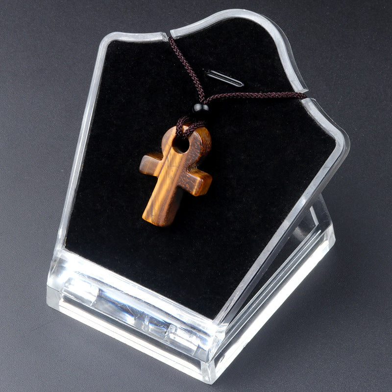 1632-Crystal Agate Ankh Cross Necklace Egyptian Life Symbol Stone Necklace Cross-border Supply