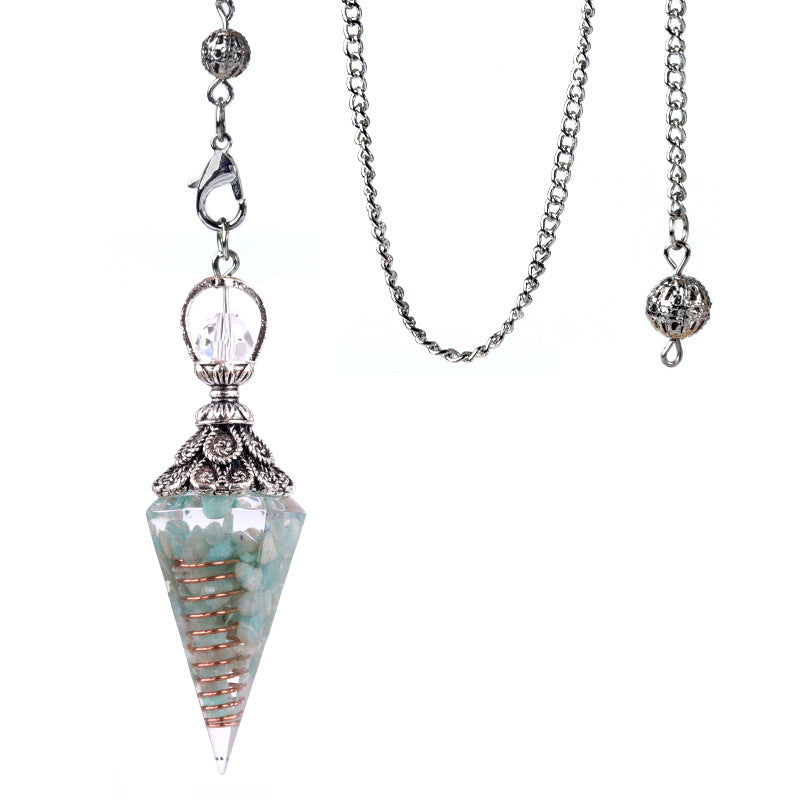 1924-Antique Silver Crystal Semi-precious Stone Colorful Gravel Resin Pendulum Hexagonal Cone Pendant Cross-border Supply