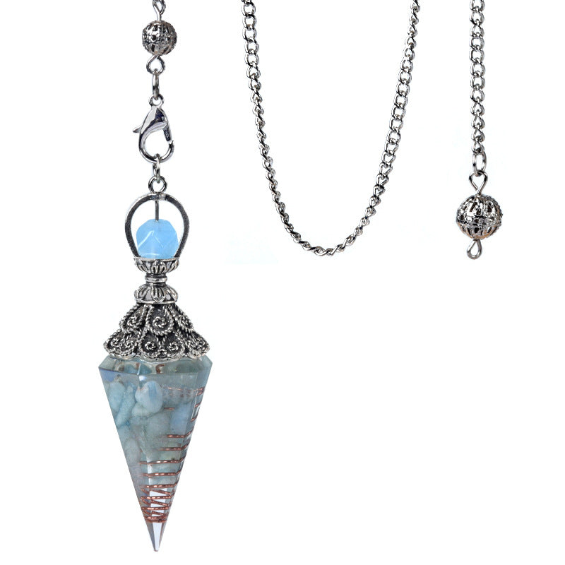 1924-Antique Silver Crystal Semi-precious Stone Colorful Gravel Resin Pendulum Hexagonal Cone Pendant Cross-border Supply