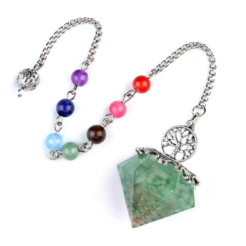 1973 - Natural Crystal Semi-Precious Stone Chip Resin Diamond Pendulum Pendant with Chakra Multicolor Bead Chain Jewelry