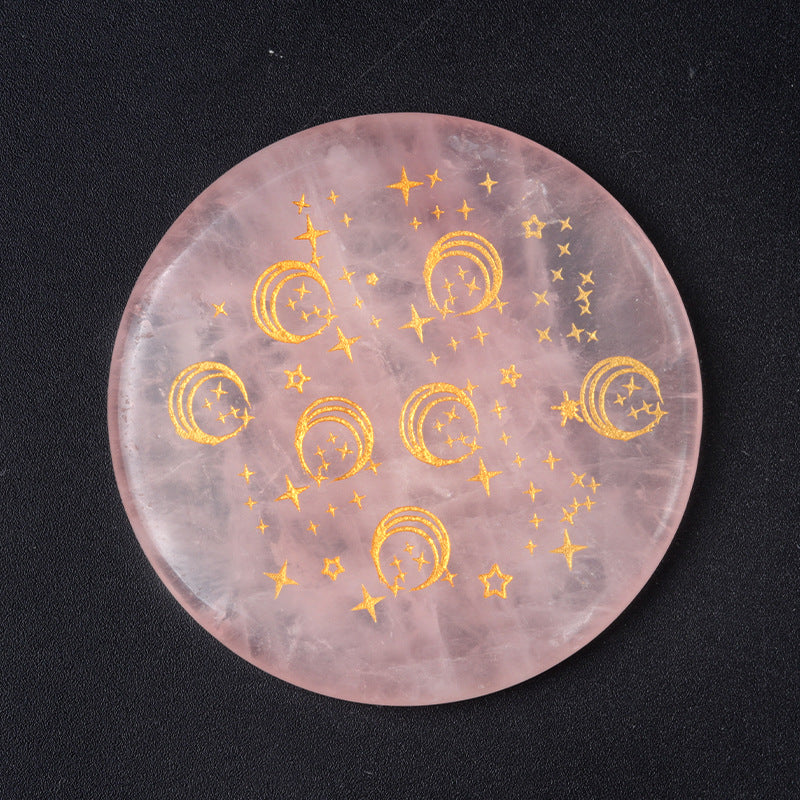 1658-55mm natural pink crystal disc energy stone base carved tree of life star moon stone small ornaments