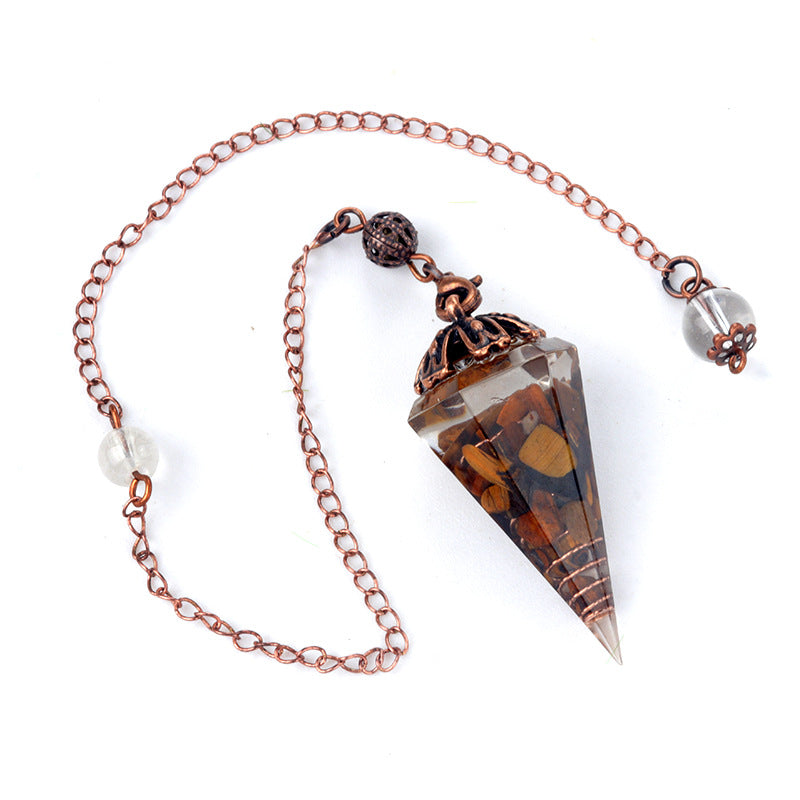 1697 - Rainbow Crystal Pendulum with Antique Copper Flower Base, Natural Stone Resin Spring Hexagonal Prism Pendulum