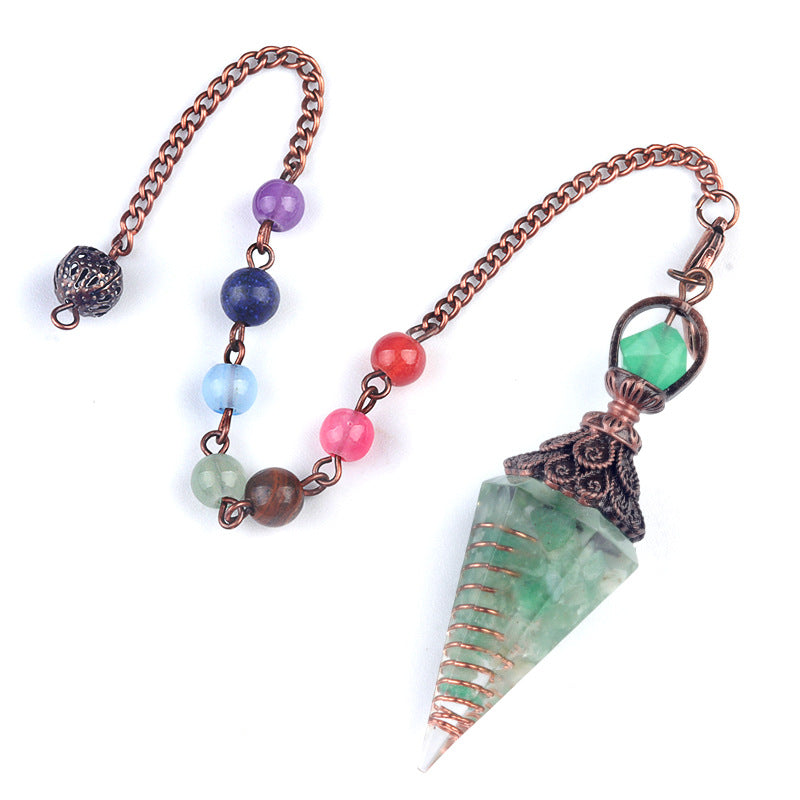 1970 – Natural Semi-precious Stone Chips Resin Hexagonal Prism Pendulum Pendant with Chakra Rainbow Bead Chain Pendant