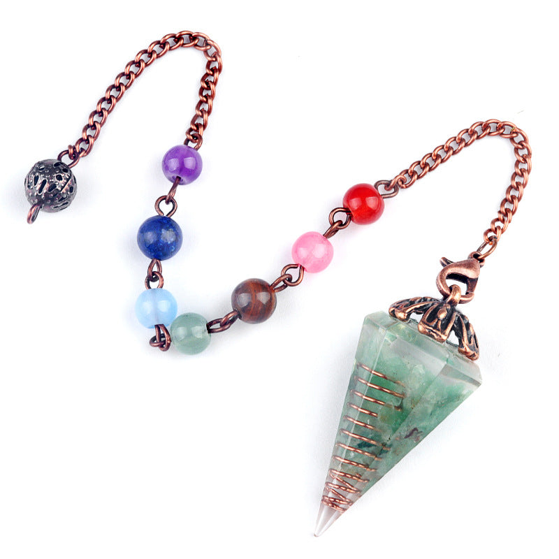 1972 - Natural Crystal Chip Resin Hexagonal Prism Flower Base Pendulum Pendant with Chakra Rainbow Beads Yoga Jewelry