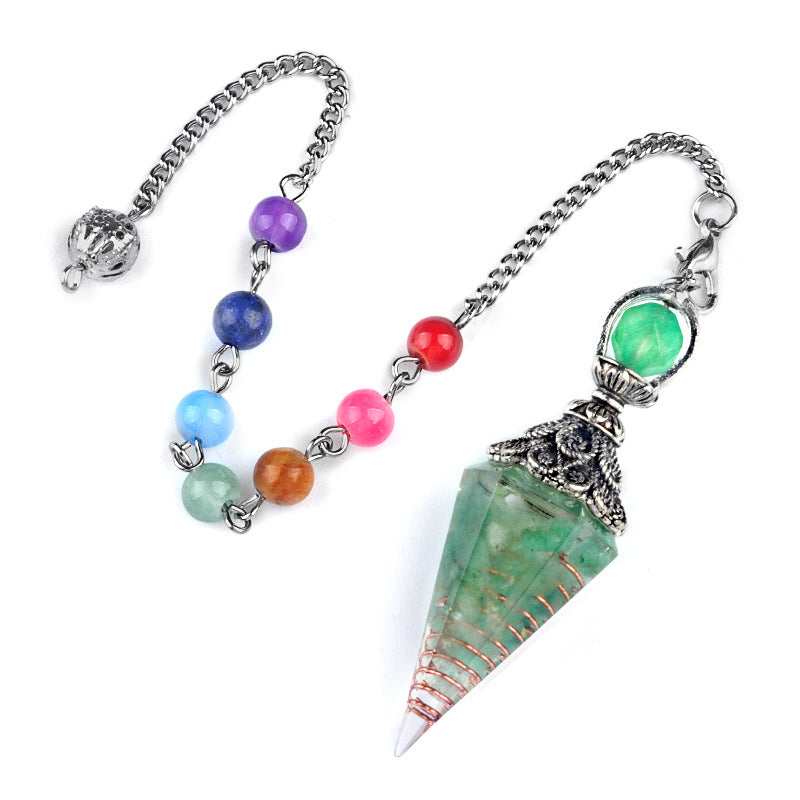 1971 - Natural Semi-Precious Stone Chip Resin Hexagonal Prism Pendulum Pendant Chakra Rainbow Bead Chain Pendant