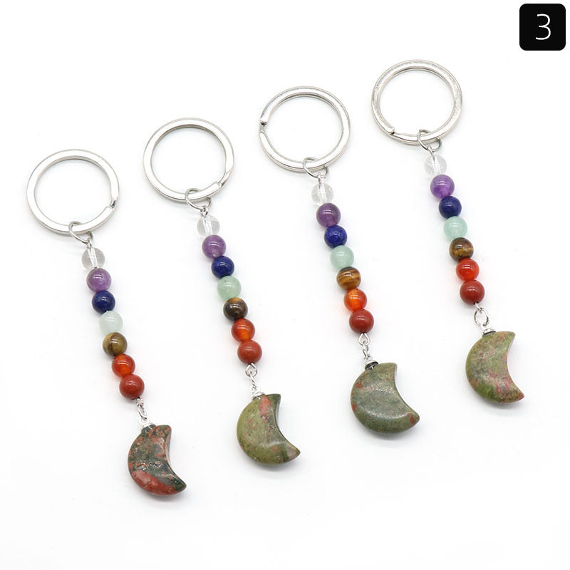 1486-Natural crystal colorful stone moon keychain bag pendant ornaments chakra keychain wholesale