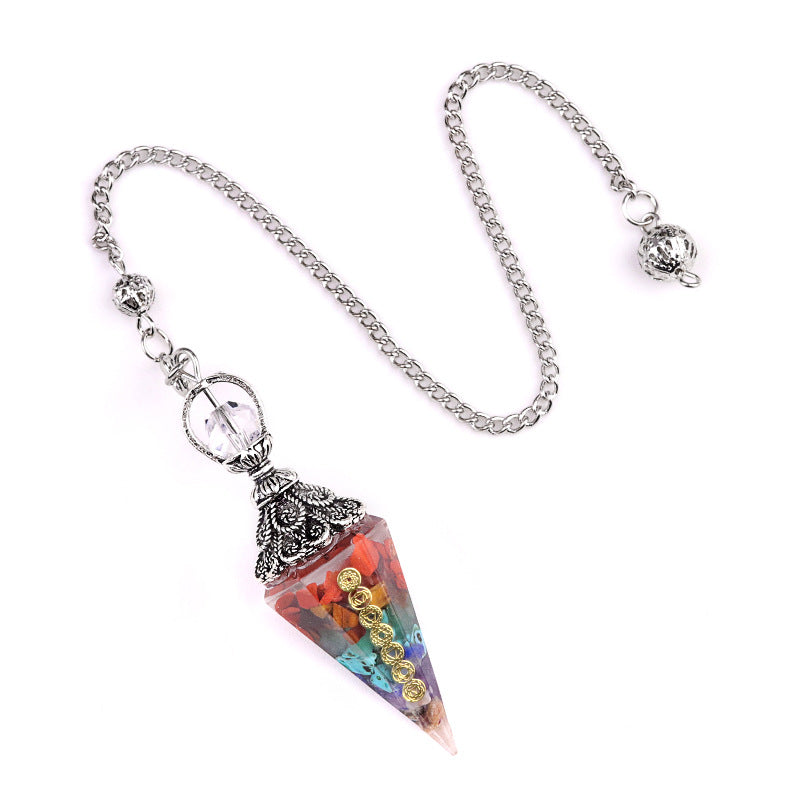 2122-Colorful natural crystal gravel pendulum bronze silver gold resin seven meridian symbol hexagonal pyramid pendulum