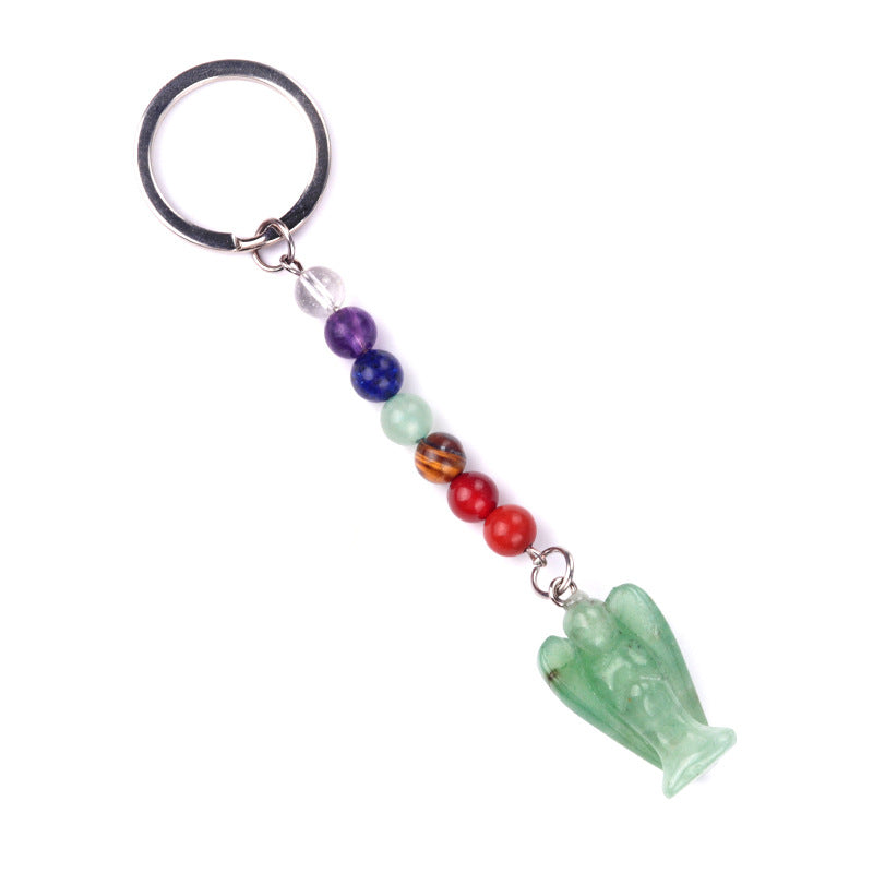 1715-Chakra Angel Keychain Natural Semi-precious Stone Carved Angel Keychain Guardian Angel Pendant