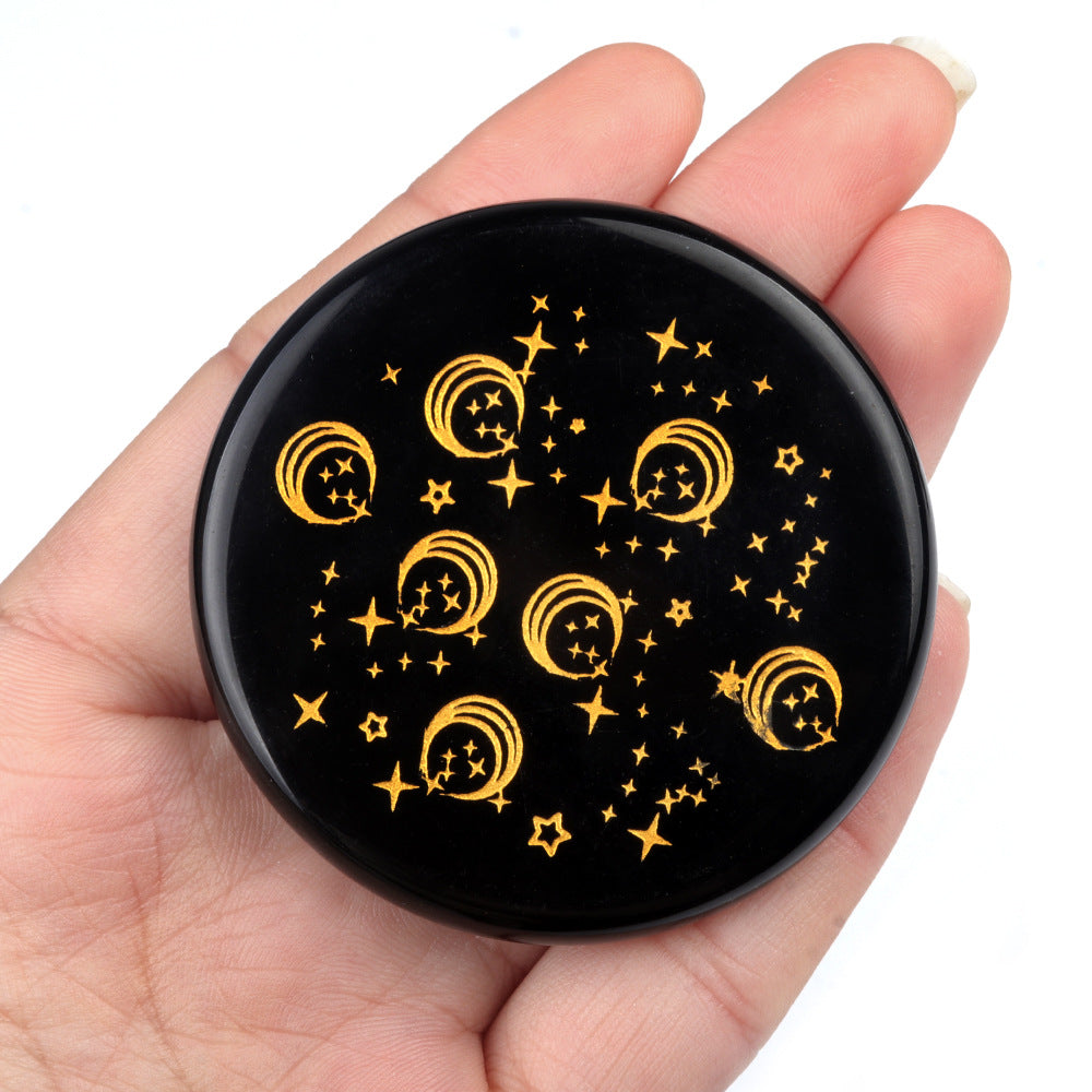 1771-Obsidian 55mm round flat carved tree of life star moon stone energy pad DIY craft ornaments